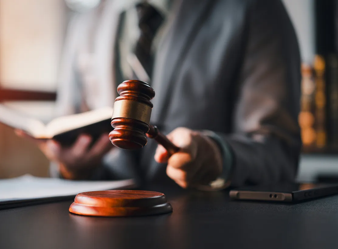 A gavel and sound block on a desk, held by a person in a gray suit with an open book, blurred background.